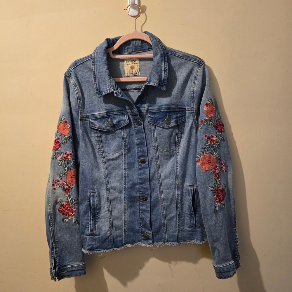 Ruff Hewn Jean Jacket Womens L Blue Floral Embroidered Sleeve Frayed Hem Denim - Picture 7 of 9